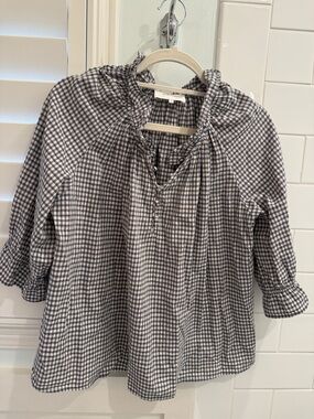 BA&SH Gingham Peasant Blouse in Navy and White